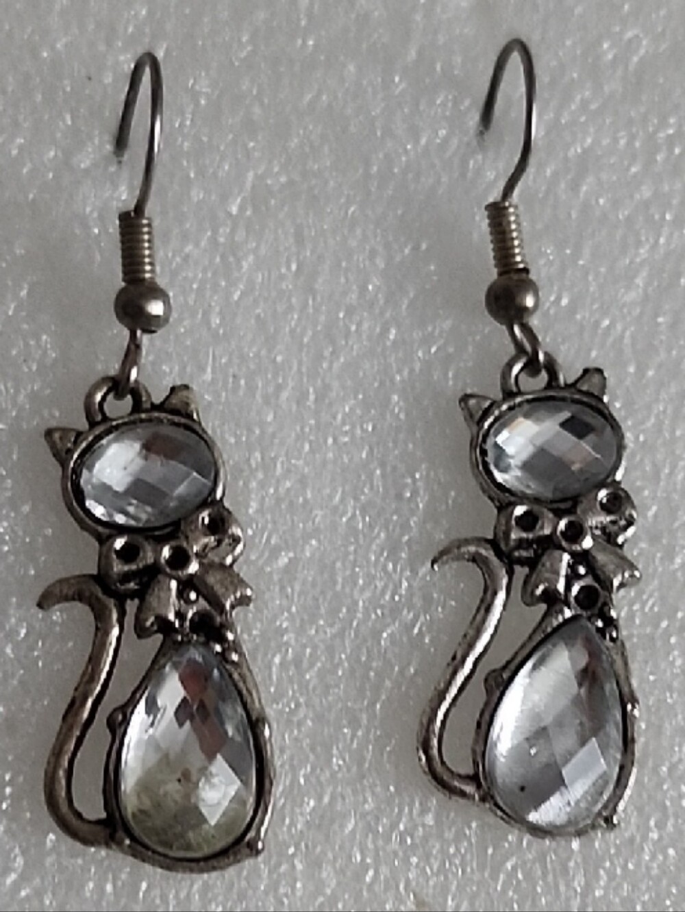 Hand Crafted Silver-Tone Cat Drop Earrings with Clear Crystals